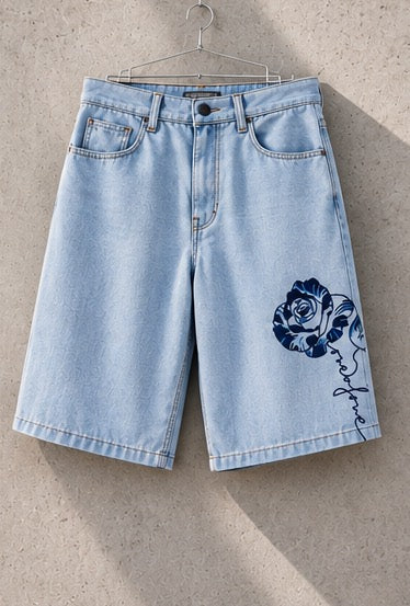 Rose Denim Jorts auf einem Kleiderbügel, Vorderansicht: helle Waschung mit großem Rosen-Print am rechten Bein.